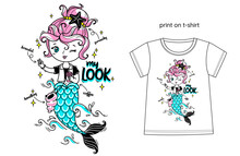 Cartoon Cute Mermaid With A Pretty Seahorse In Her Arms Takes A Selfie. Lovely Little Fashion Girl. Print For Kids T-shirts. Vector Illustration In Childish Style.