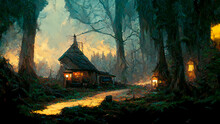 Old House In The Woods. Middle Age Tavern. Digital Painting Illustration.