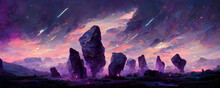 Beautiful Purple Twilight Cloudy Sky Landscape Digital Painting. Crystal Rocks And Mountains With Sparkles.