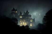 Large Haunted Castle With Many Illuminated Windows At Spooky Misty Dark Halloween Night, Neural Network Generated Art. Digitally Generated Image. Not Based On Any Actual Scene Or Pattern.