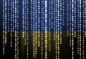 Binary code pattern on colors of flag of Ukraine, computer cyber technology concept.