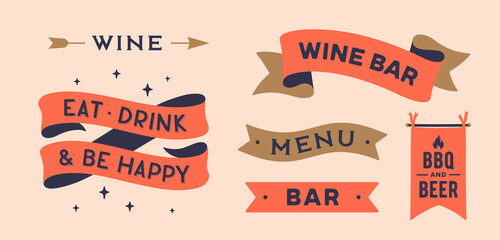 Wall Mural - set vintage graphic. ribbon, flag, board with text wine bar, menu, be happy, drink, wine menu. isola