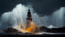 Closeup Of A Weathered Lighthouse, A Massive Splash, An Explosion Of Water, A Violent Sea, Lightning, Stormy Environment.