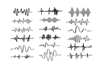 Sound waves. Doodle audio frequency, radio signal, voice line waveform, volume music level symbol