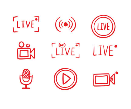 Set hand drawn live streaming doodle icons. Video broadcasting Button, red symbols. TV, news, shows