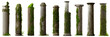set of antique columns, collection of overgrown pillars isolated on white background 