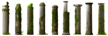Set Of Antique Columns, Collection Of Overgrown Pillars Isolated On White Background 