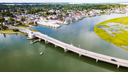 Aerial view of a fragment of a long bridge to Chincoteague Island in Virginia. Reserve with a wide variety of birds and wild horses.