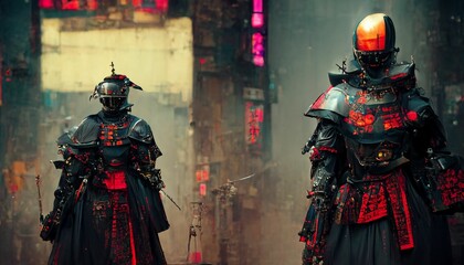 Wall Mural - image of a cyberpunk medieval samurai cosplay, slightly blurred background