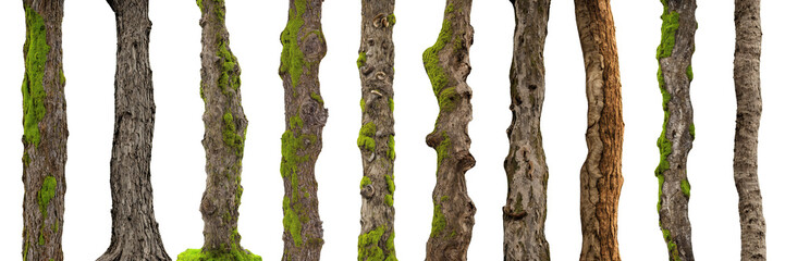 Wall Mural - tree trunks, overgrown with moss and lichen, isolated on white background 