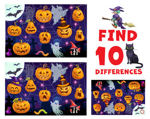 Poster - Find ten differences. Halloween pumpkins. Difference search quiz or kids Halloween puzzle vector worksheet with Jack o lanterns faces, scary ghost on cemetery, witch flying on broom and black cat