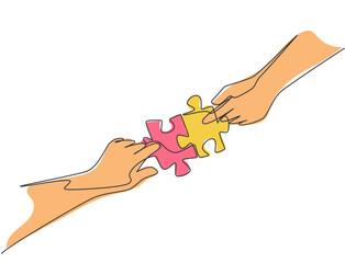 Poster - Single continuous line drawing of young happy man and woman put the puzzle pieces together to form cute heart shape. Romantic marriage love concept one line draw graphic design vector illustration