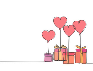Poster - One continuous line drawing of cute gifts box tied with ribbon tape and flying heart shaped gas balloon. Romantic marriage proposal gift concept single line draw design graphic vector illustration