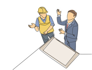 Poster - Single continuous line drawing of young architect and foreman discussing about blueprint building design. Construction planning talk concept. Modern one line draw design graphic vector illustration