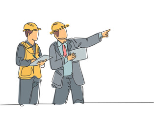 Poster - single continuous line drawing of young architect and house builder discussing residence blueprint w
