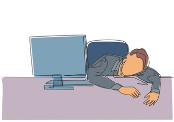 Fototapete - Single continuous line drawing of young sleepy startup CEO fall asleep on work desk while he was reading. Work overload fatigue at the office concept one line draw graphic design vector illustration