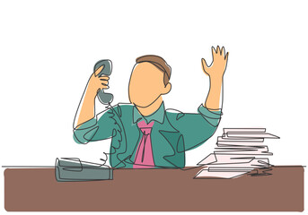 Poster - single continuous line drawing of young bored male worker receiving phone call from customer behind 