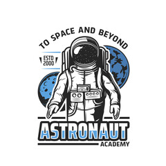 Poster - Astronaut academy vector icon of space planets and spaceman. Astronomy science education isolated symbol with astronaut in spacesuit and helmet, galaxy universe Earth, Moon, stars and asteroids