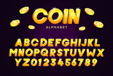 The Coin Alphabet. Vector Golden Yellow Three Dimensional Font Effect. Metal Typeface Like Golden Bars. Alphabet Design For Casino, Premium, Money, Business, Games And Other Concepts