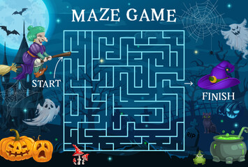 Aufkleber - Halloween labyrinth maze. Help to witch to find her hat. Children find way playing activity or quiz vector worksheet with witch on broom, cauldron with magic potion, pumpkin lantern and cemetery ghost