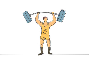 Poster - Continuous one line drawing the strongman raised the curved barbell with his two hands. His muscles were clearly visible to the circus audience Single line draw design vector graphic illustration.