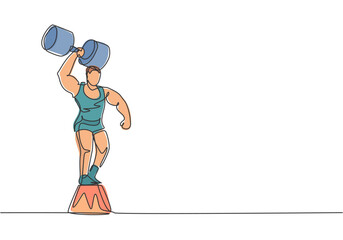 Poster - Single continuous line drawing strong people lift large dumbbells with only one hand while standing on the circus chair. Great show for the audience. One line draw graphic design vector illustration.