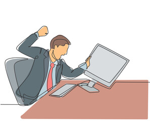 Fototapete - Single continuous line drawing of young frustrated employee ready to punch monitor computer using his fist hand. Work pressure at the office concept one line draw graphic design vector illustration