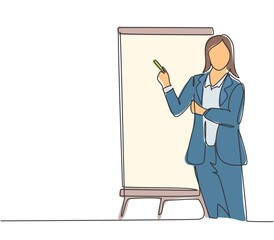 Poster - one single line drawing of young female presenter thinking while doing presentation at the office du