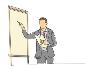 Wall Mural - One continuous line drawing of businessman presenter drawing graph chart on screen board while on meeting. Business presentation at the office concept single line draw design vector illustration