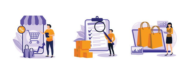 Poster - Customer satisfaction. Consumer society, product quality, market research studies, retail app, customer habit and need research. set flat vector modern illustration
