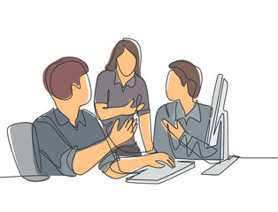 Poster - One continuous line drawing of young businessmen discussing new product launch during team meeting. Business innovation discussion concept. Modern single line draw design graphic vector illustration