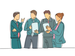 Poster - one continuous line drawing of young businessmen and businesswoman listening trainer explain busines