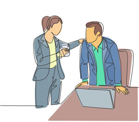 Poster - one continuous line drawing of young male and female employees engage in exciting conversations duri