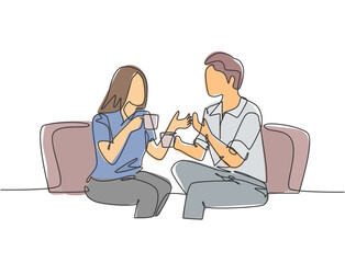 Wall Mural - One continuous line drawing of young male and female worker chatting together while drink a cup of coffee during office break. Rest break at work concept single line draw design vector illustration