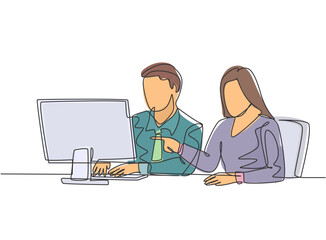 Fototapete - Single continuous line drawing of two young serious male and female worker watching sales chart on computer screen. Sales growth business concept one line draw design graphic vector illustration