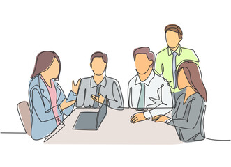 Poster - One single line drawing of female trainer coaching about business plan and business organization to young CEO at the office. Business training concept continuous line draw design vector illustration