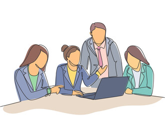 Poster - One single line drawing of young happy female CEO presenting new technology innovation to the members at the office. Startup work life. Concept continuous line draw design vector graphic illustration