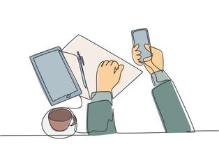 Poster - Single continuous line drawing of hand gestures holding and touching smartphone screen with a cup of tea, piece of paper and tablet on the desk. Gadget concept one line draw design vector illustration