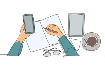Poster - One single line drawing of finger hand touch the smartphone screen with glasses, book, tablet and a cup of coffee on work desk. Worker gadget concept continuous line draw design vector illustration