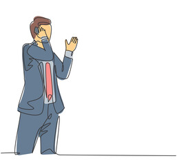 Poster - one single line drawing of young male startup ceo walking and holding a smartphone to receive call f