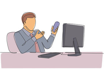 Poster - one continuous line drawing of young happy manager holding smartphone while introduce company cultur