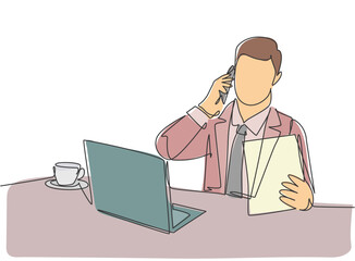 Poster - one single line drawing of young male manager reading company annual report while receiving phone ca