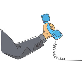 Poster - One single line drawing of gesture hand holding old classic analog phone handling at the office. Vintage retro telephone communication concept. Continuous line draw graphic design vector illustration
