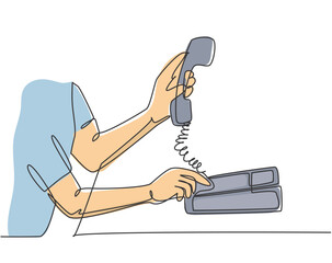 Poster - one single line drawing of gesture hand picking handle retro classic analog phone up. old vintage an