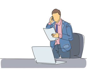 Poster - single continuous line drawing of young marketing manager reading sales report from sales division d
