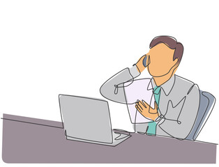 Poster - One continuous line drawing of young manager read company annual report and match it with data at computer while receive a pone call. Company audit concept single line draw design vector illustration