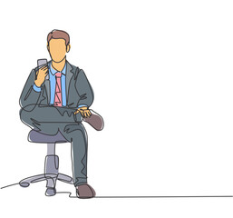 Poster - One single line drawing of young male manager touch smartphone screen during sitting relax on work chair and texting to partner. Work rest concept continuous line draw design vector illustration