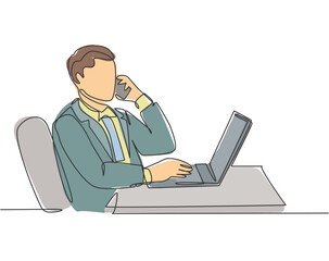 Poster - One single line drawing of young male company director giving short brief through phone call to his team member from the office. Business talk concept continuous line draw design vector illustration