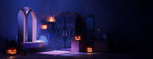 Youthful Halloween Illustration With Moonlit Bed, Wizard's Hat And Carved Pumpkins. Halloween Banner With Copy-space.