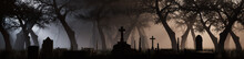 Pale Halloween Background With Cemetery In A Thick Mist. Atmospheric Night Scene With Trees And Gravestones.